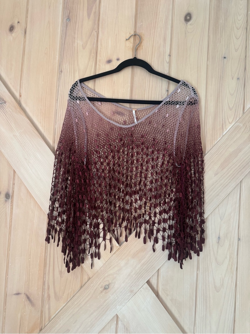Free People Burgundy Crochet Fringe Sweater Top Boho Festival Cover-Up M